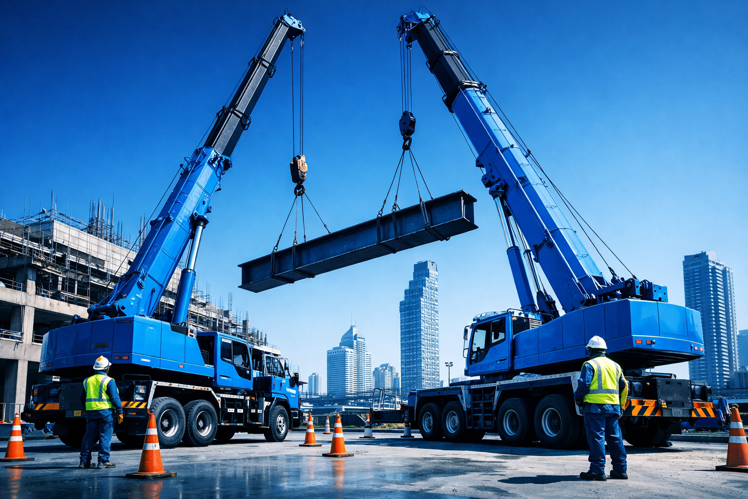 รถเฮี๊ยบ 6 ล้อ และ 10 ล้อ ยกโครงเหล็กหน้างานก่อสร้าง