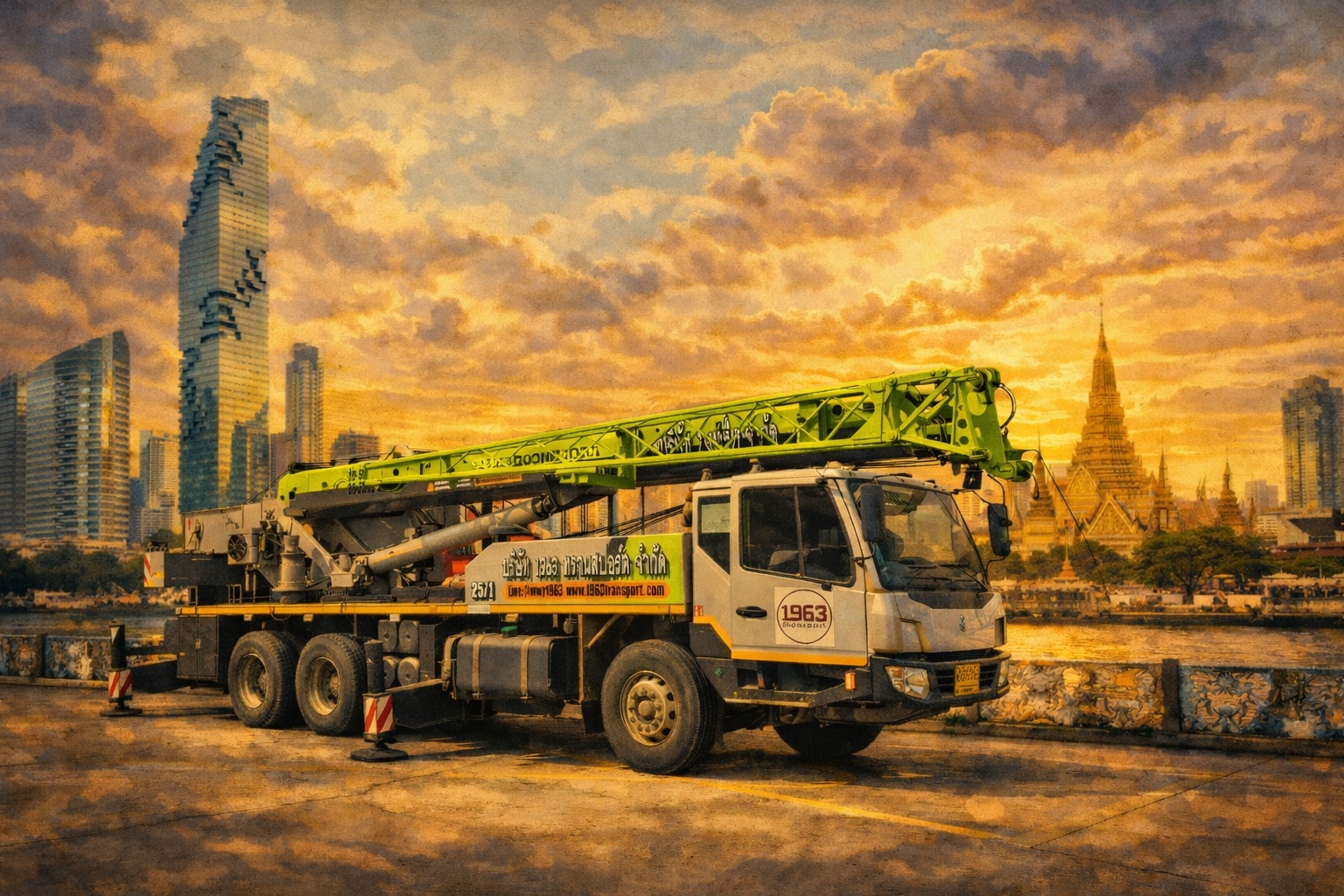 รถเครนรับจ้าง 1963 Transport จอดริมแม่น้ำกรุงเทพ เหมาะสำหรับงานยกโครงสร้างและเครื่องจักรหนัก