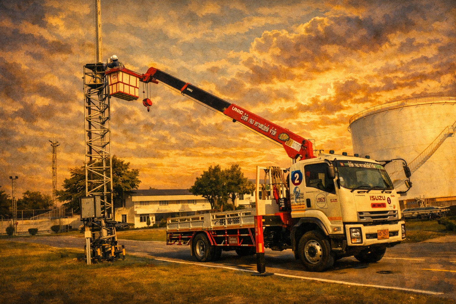 รถกระเช้ารับจ้าง 1963 Transport กำลังปฏิบัติงานบนเสาสูง เหมาะสำหรับงานติดตั้งและซ่อมบำรุงในที่สูง กรุงเทพและปริมณฑล