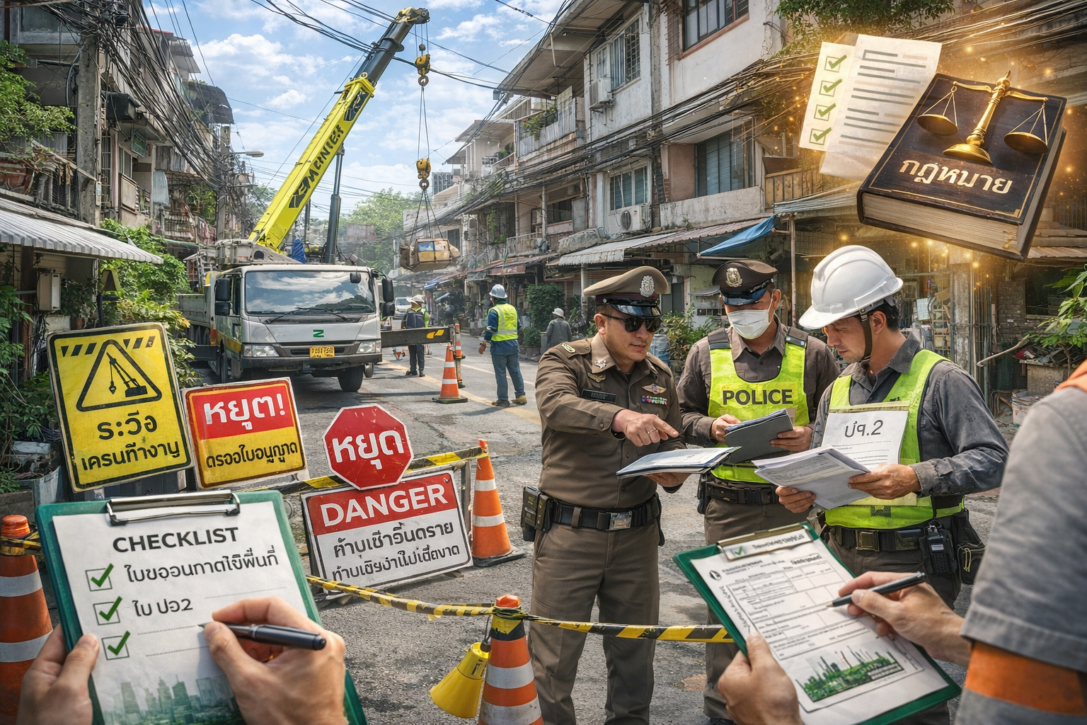 กฎหมายการใช้รถเครนในเขตชุมชน รถเครนทำงานในเขตชุมชนพร้อมเจ้าหน้าที่ตรวจเอกสารตามกฎหมายความปลอดภัยปี 2026
